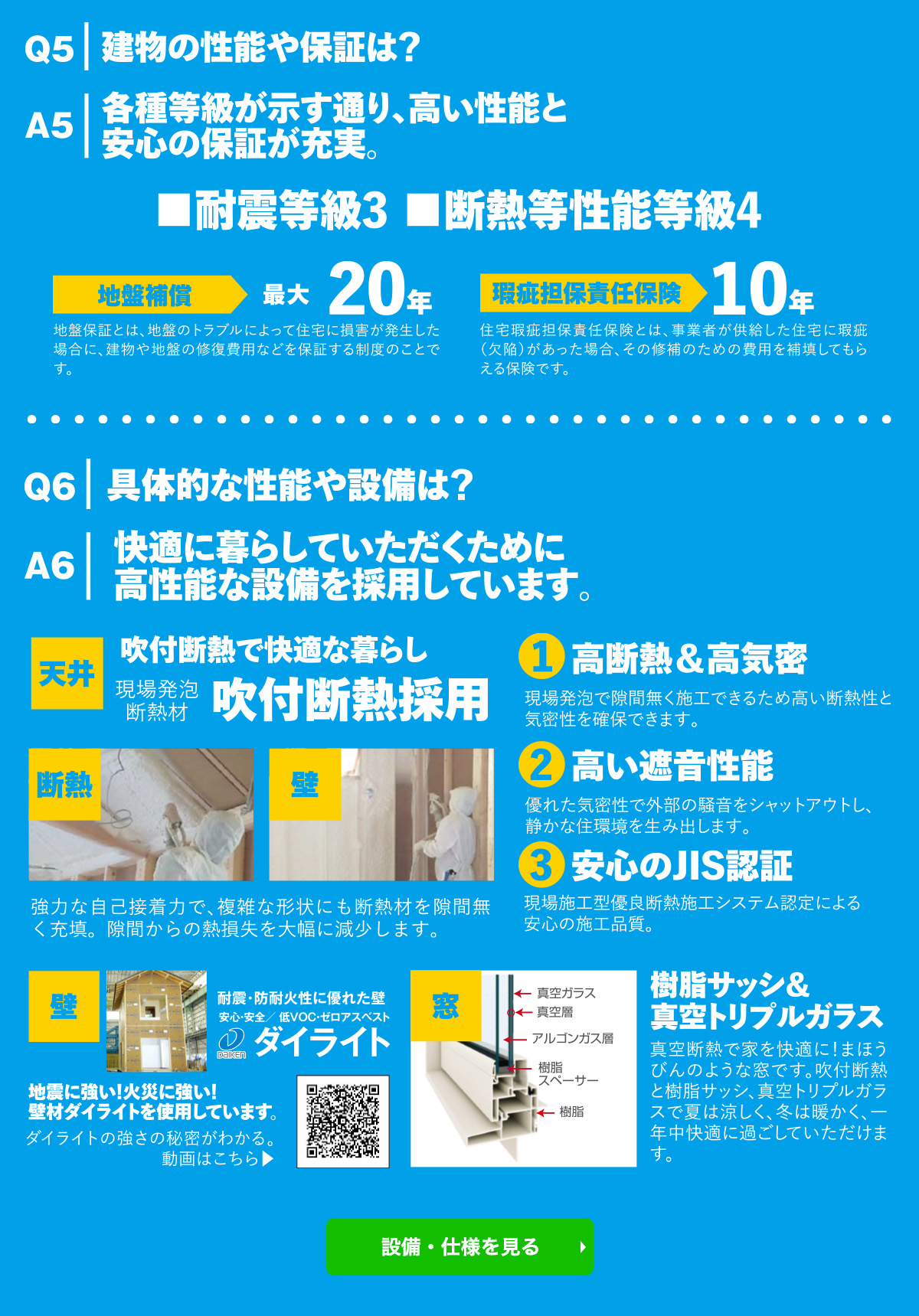 建物性能も抜群！瑕疵担保保険10年・地盤保証20年・耐震等級3・断熱等性能等級4・長期優良住宅仕様と充実しています。