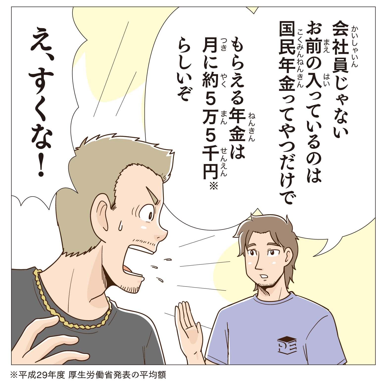 会社員じゃない、お前の入っているのは国民年金ってやつだけで、もらえる年金は月に約５万５千円らしいぞ。え、少な！